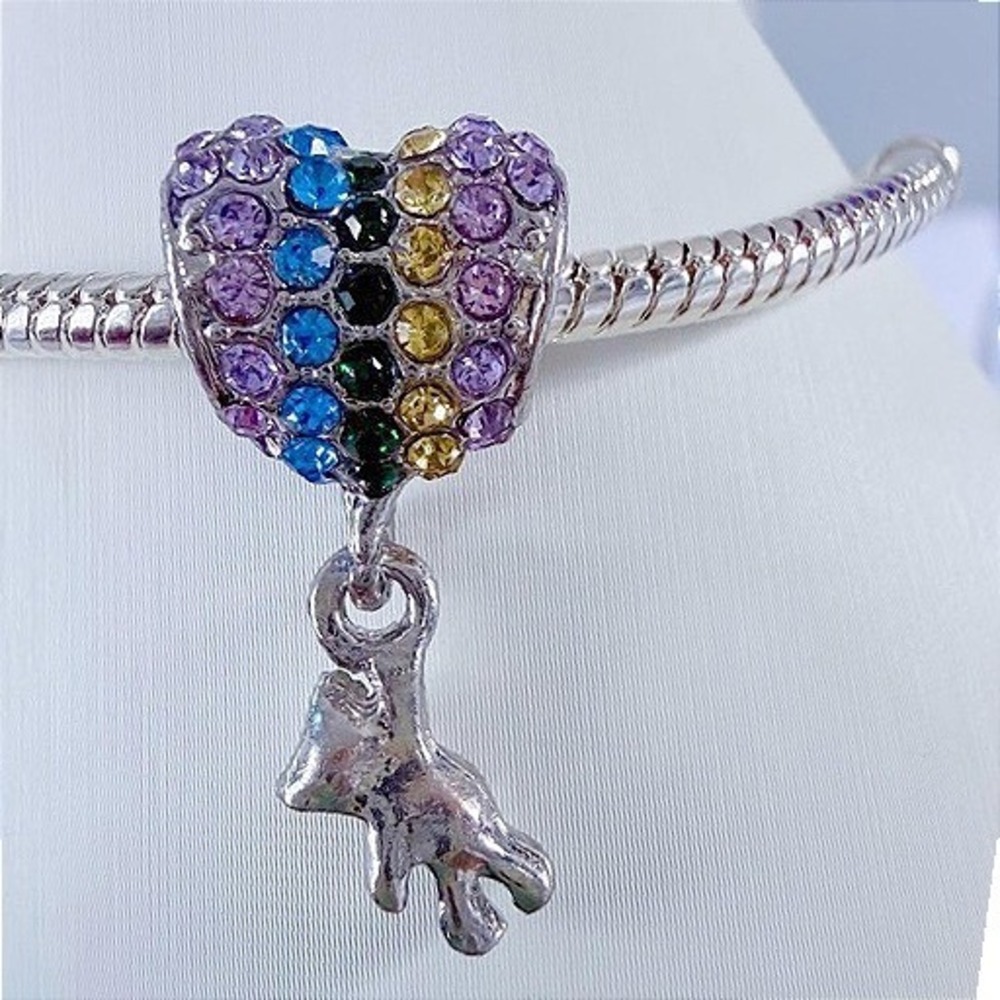 Rhinestone Rainbow & Silver Balloon Teddy Bear Dangle Charm Snake Chain Bracelet